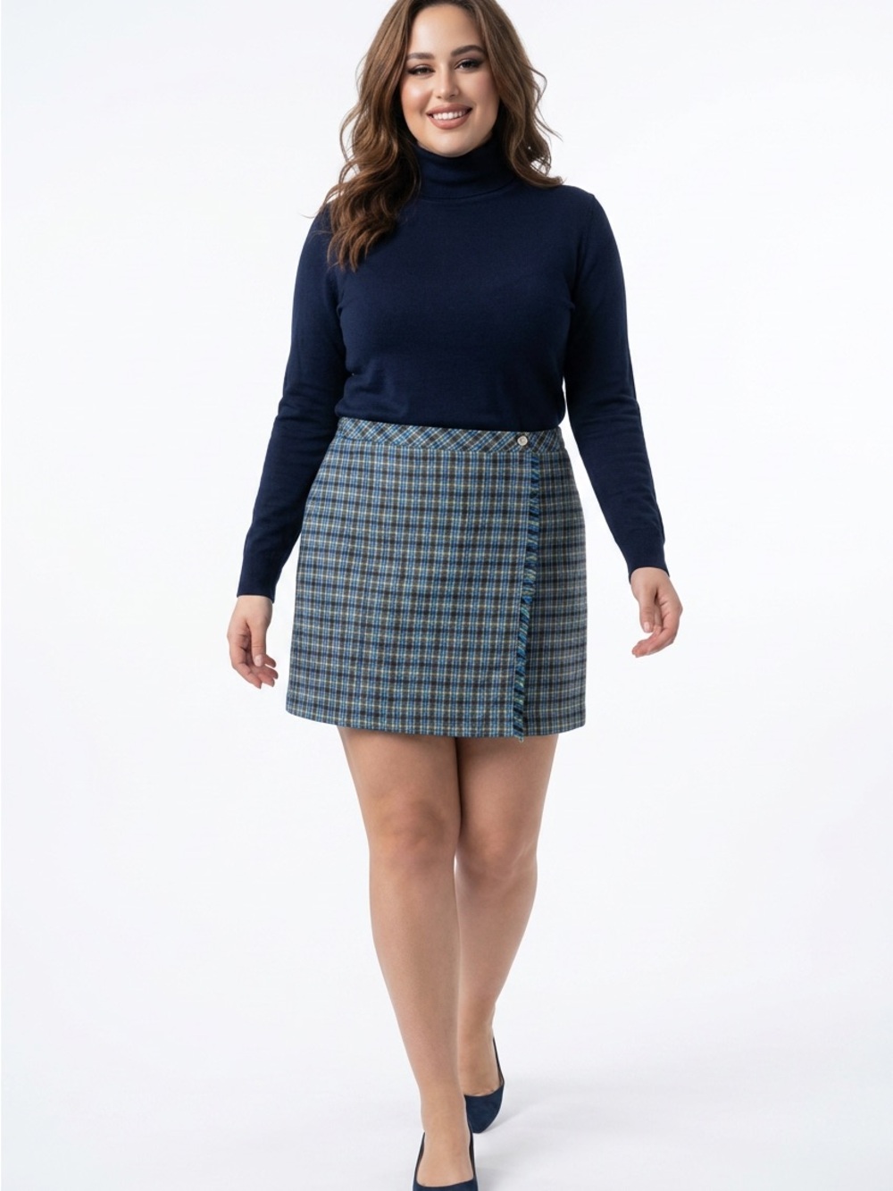 Talbots Navy and Light Blue Plaid Mini Wrap Skirt